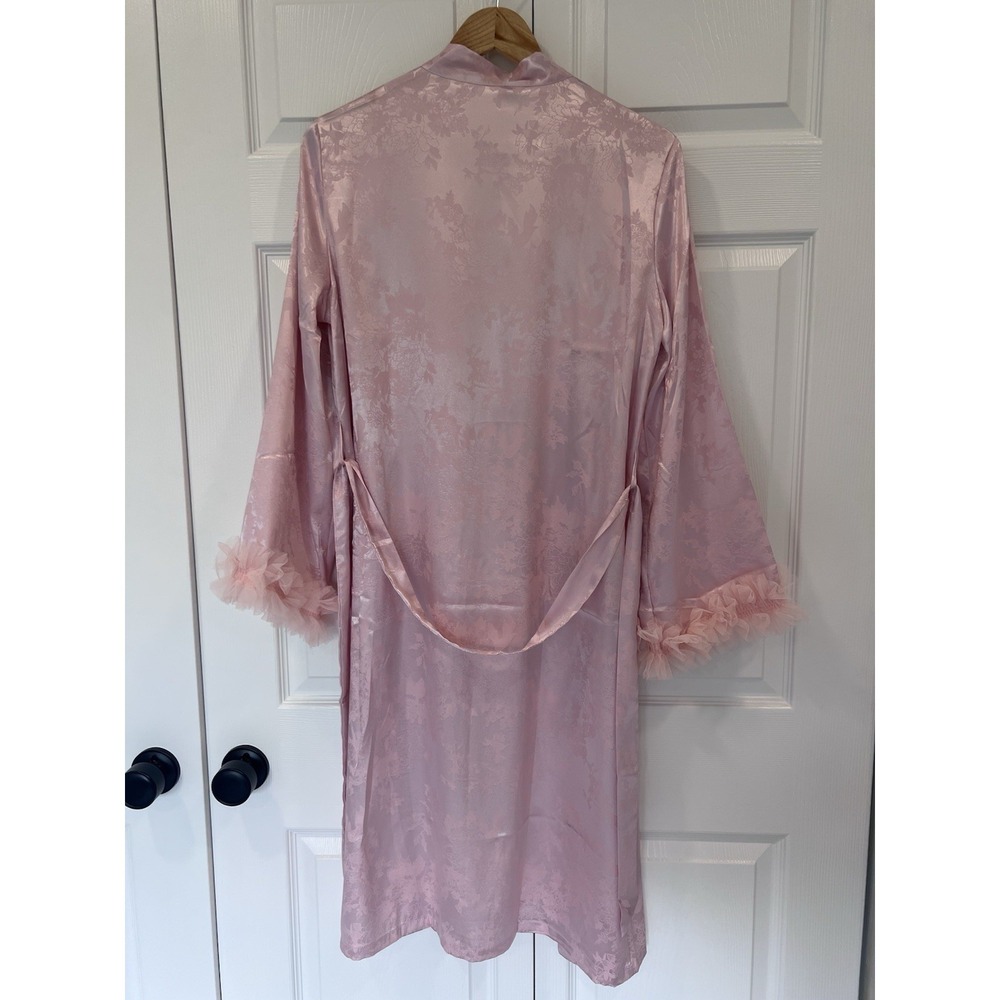 SilkySpell Women's Pink Satin Floral Robe Faux Fur Trim Tie Belt Long Sleeve S/M - Picture 4 of 5